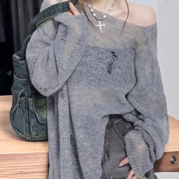 NWOT! Fairycore Grey Distressed Sweater. Soft sheer warm super cute. Lightweight - Picture 6 of 6